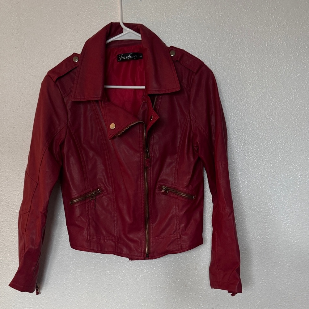 Red Faux Leather Moto Jacket - Women's